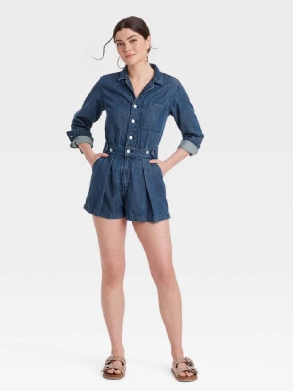 Universal Thread Long Sleeve Denim Romper Dark Wash Size 14